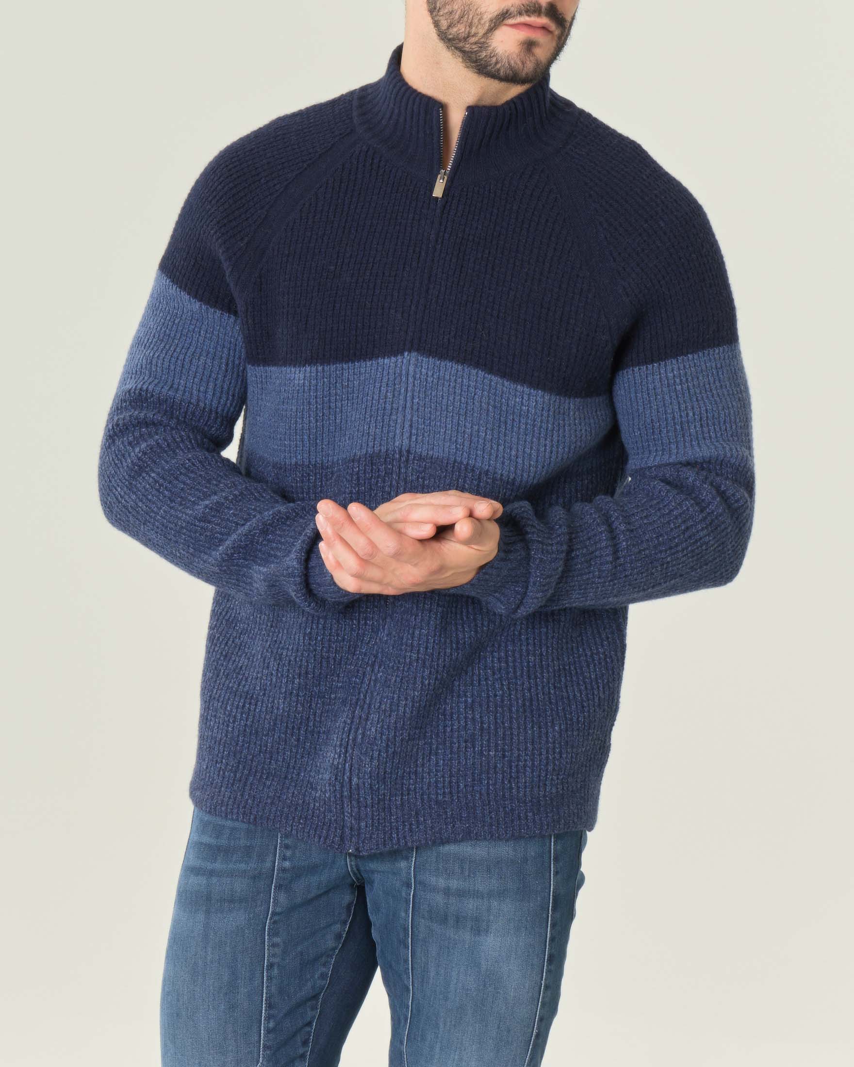 Maglione blu color block in lana punto pannocchia con chiusura zip