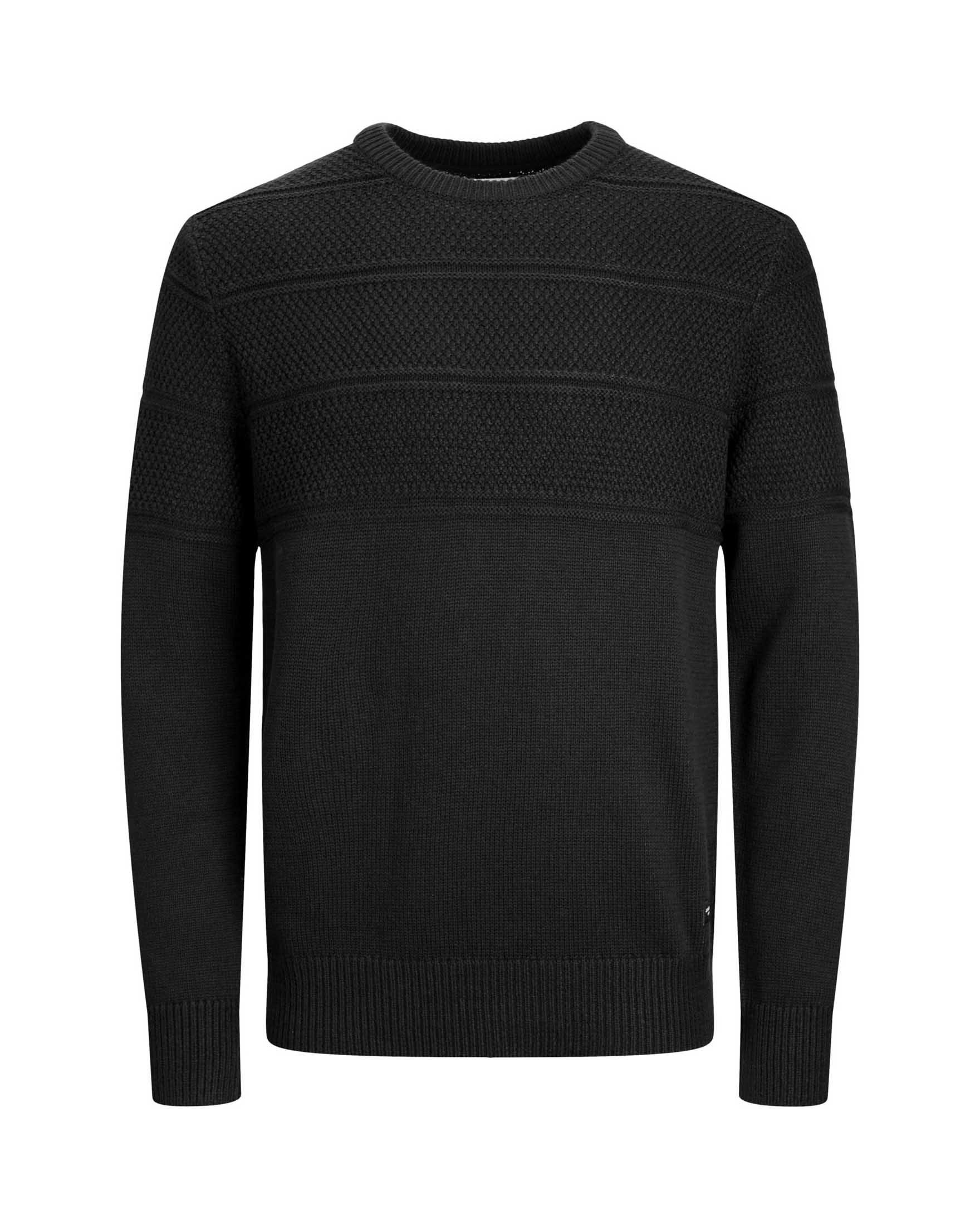 Maglione nero girocollo in misto cotone con pannello superiore lavorato a nido d'ape