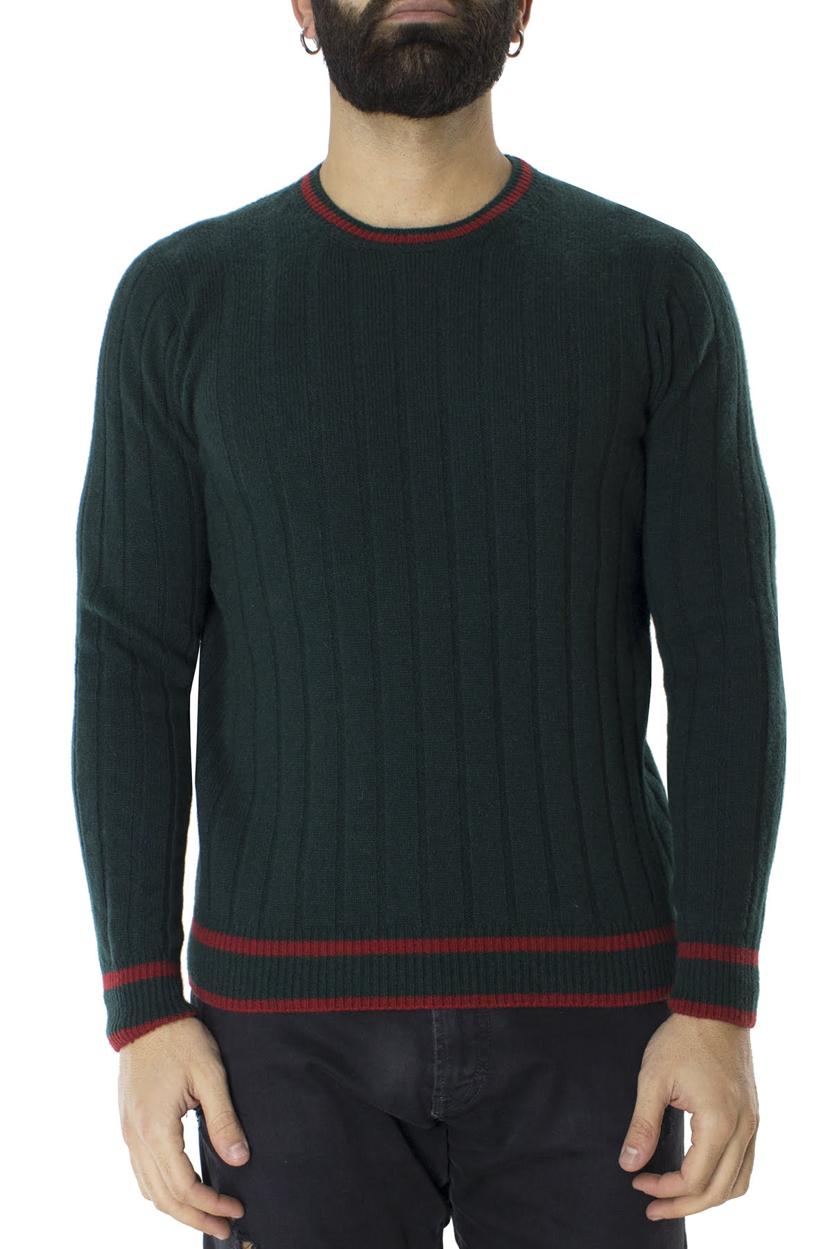 Maglione uomo Girocollo verde a coste in lana merinos con bordini rossi slim fit made in italy