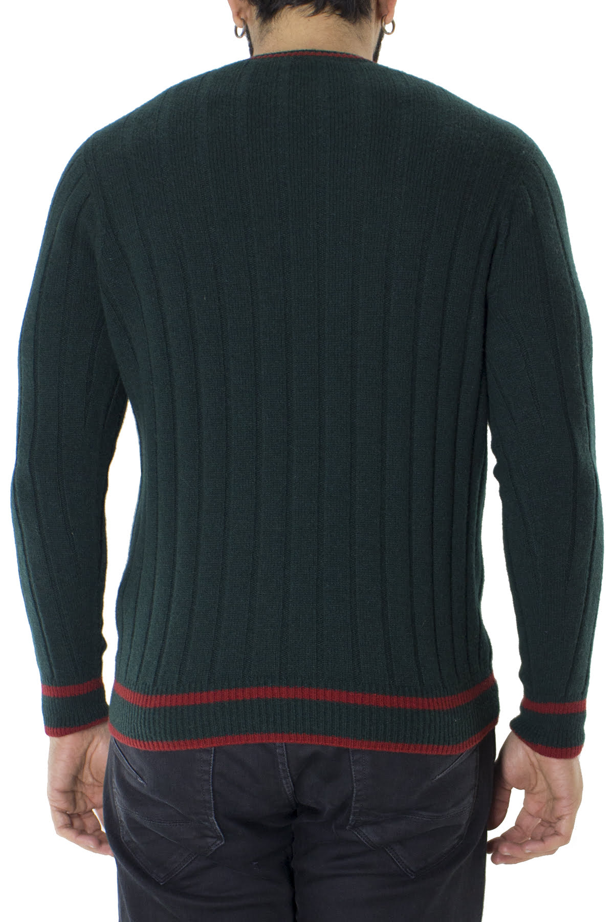 Maglione uomo Girocollo verde a coste in lana merinos con bordini rossi slim fit made in italy