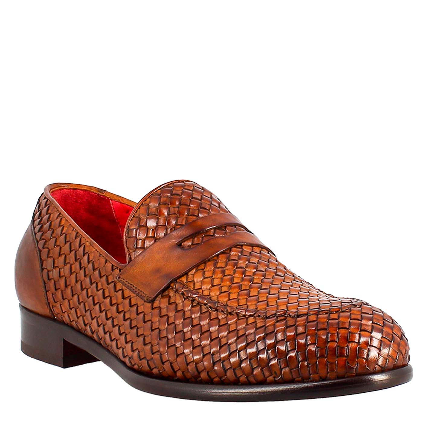 Mocassino marrone elegante da uomo in pelle fiore intrecciata