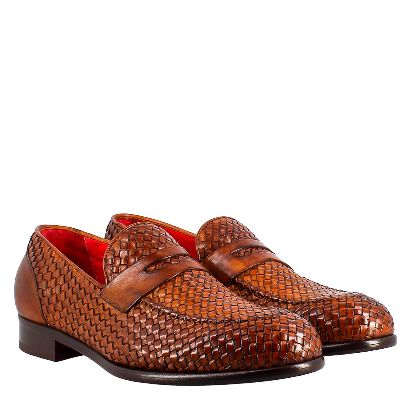 Mocassino marrone elegante da uomo in pelle fiore intrecciata