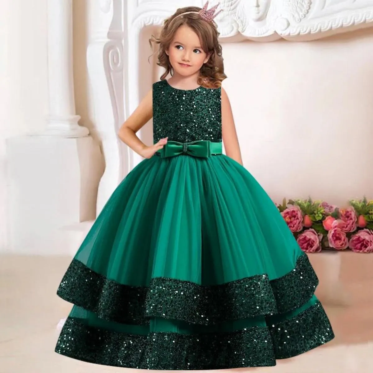 Nuova principessa Flower Girls Abito da prima comunione Abito da sposa Garza per bambini in pizzo Festa di compleanno Ballo da p