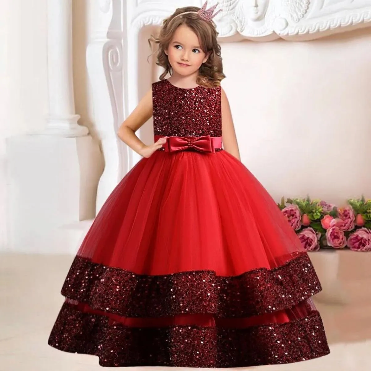 Nuova principessa Flower Girls Abito da prima comunione Abito da sposa Garza per bambini in pizzo Festa di compleanno Ballo da p