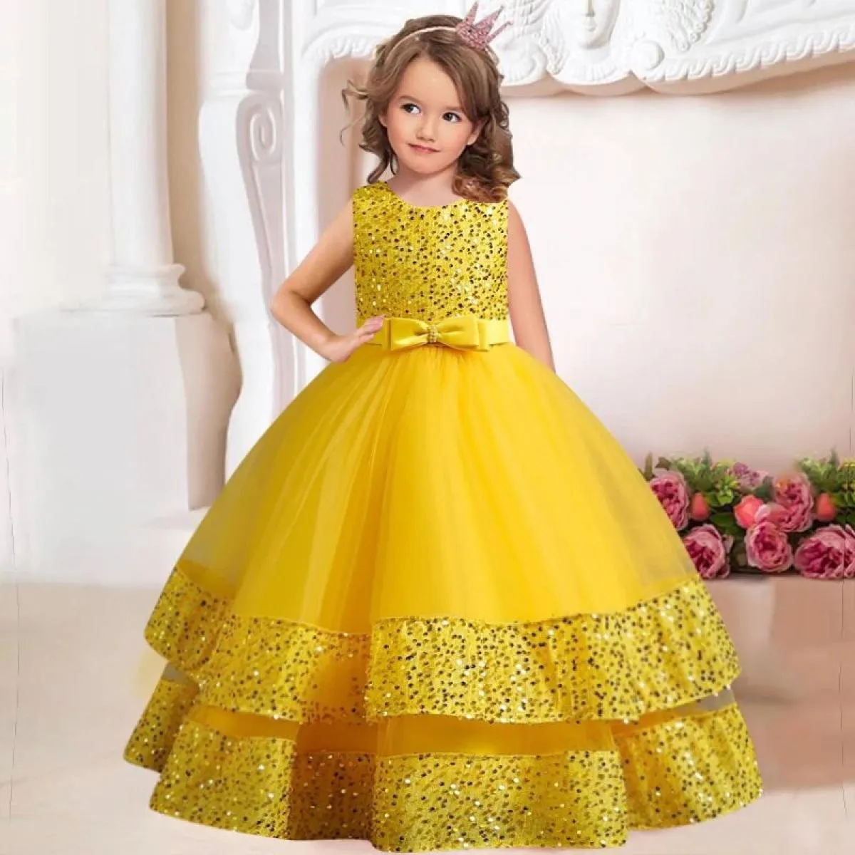 Nuova principessa Flower Girls Abito da prima comunione Abito da sposa Garza per bambini in pizzo Festa di compleanno Ballo da p
