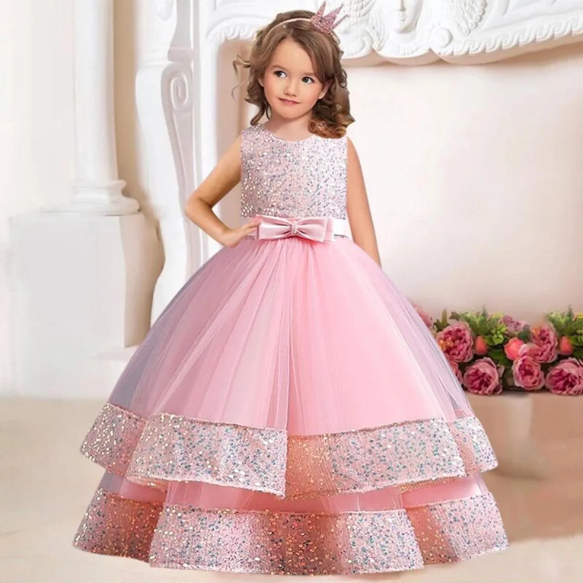 Nuova principessa Flower Girls Abito da prima comunione Abito da sposa Garza per bambini in pizzo Festa di compleanno Ballo da p