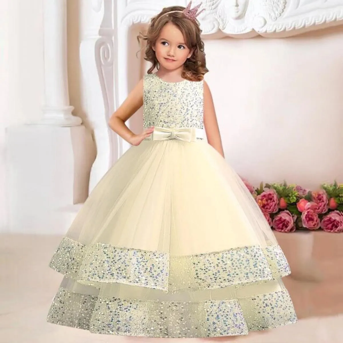 Nuova principessa Flower Girls Abito da prima comunione Abito da sposa Garza per bambini in pizzo Festa di compleanno Ballo da p