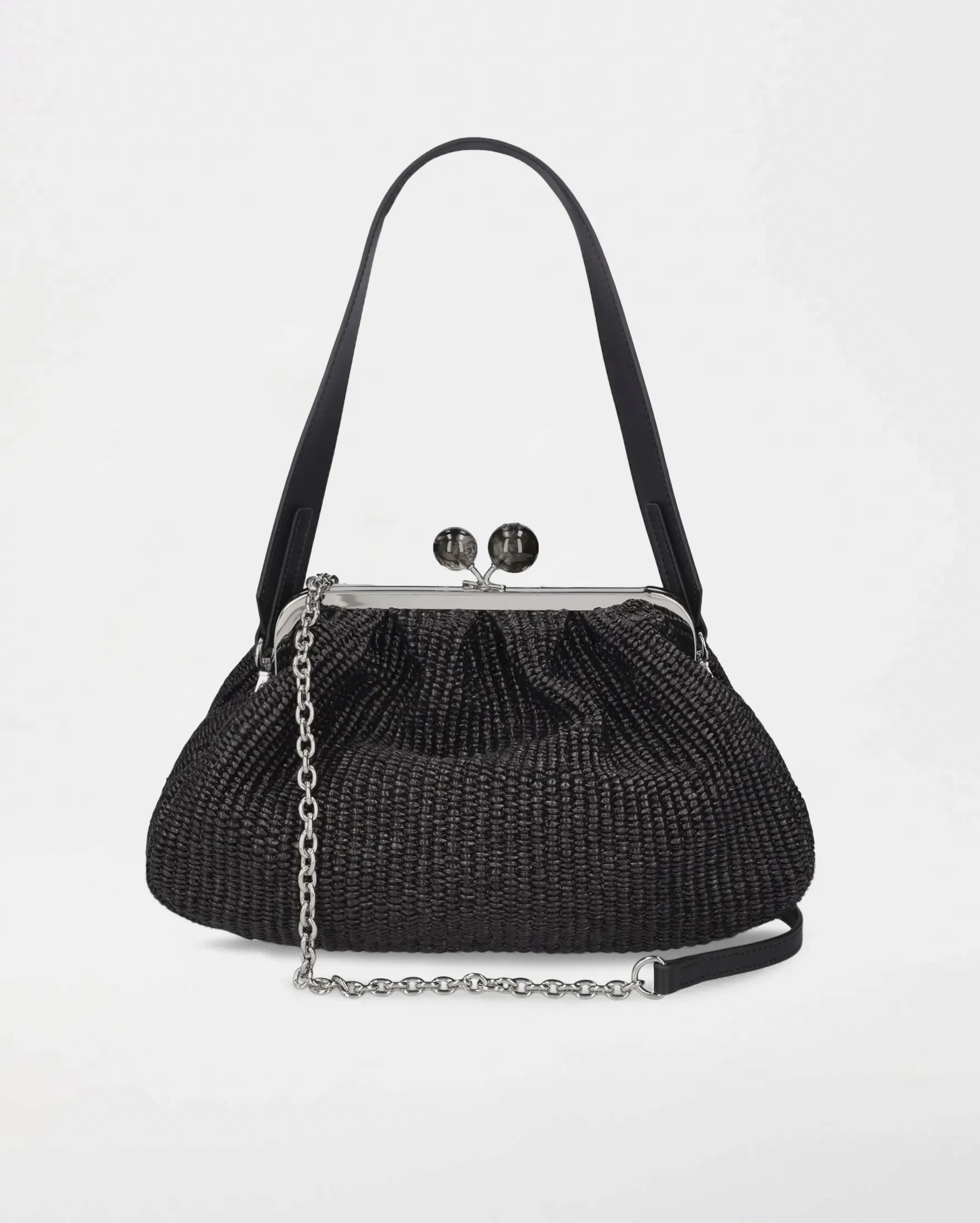 Pasticcino bag in rafia nera medium size con chiusura in metallo e boule colorate