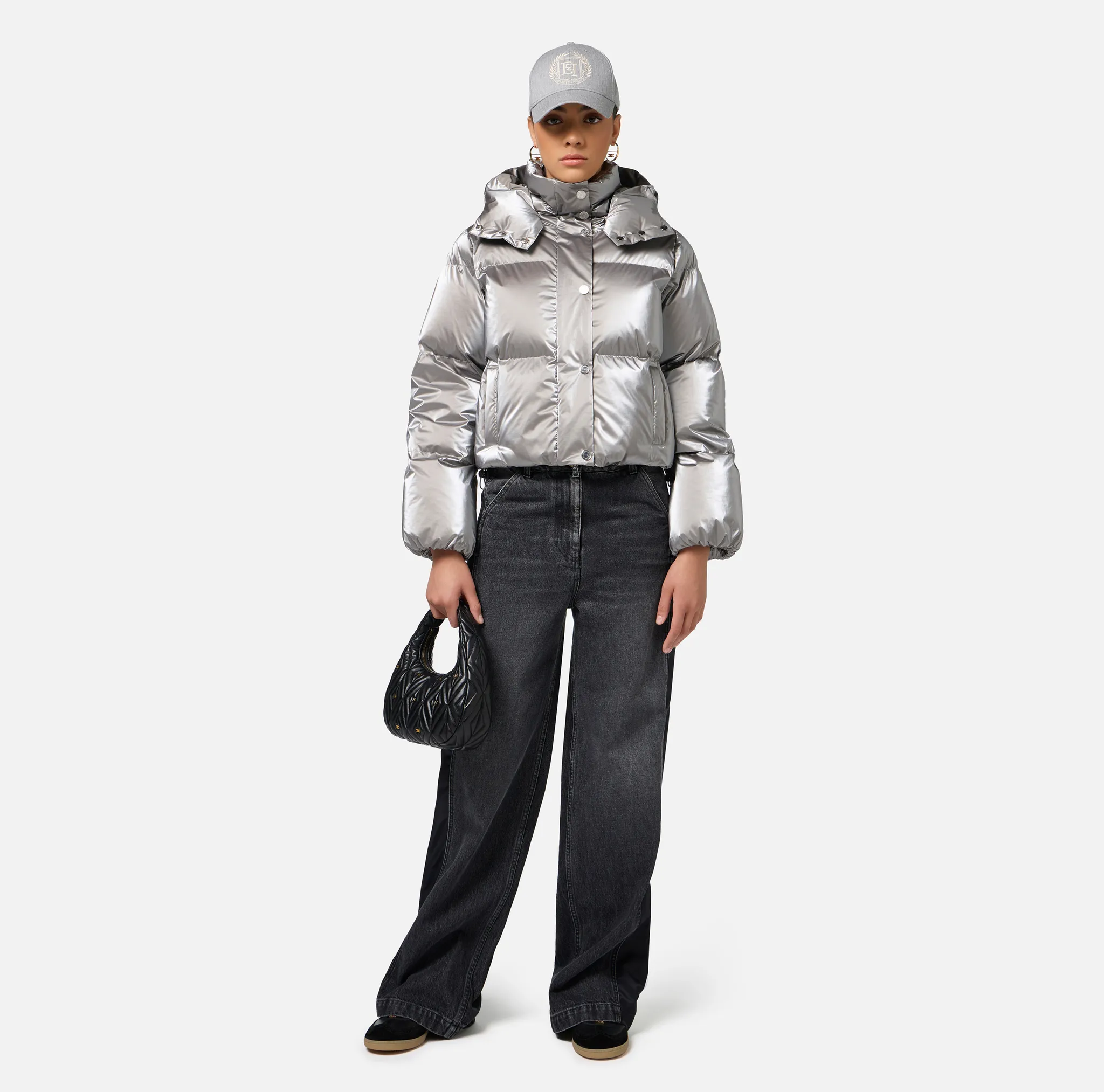Piumino Cropped Nylon Effetto Metallizzato Argento Elisabetta Franchi
