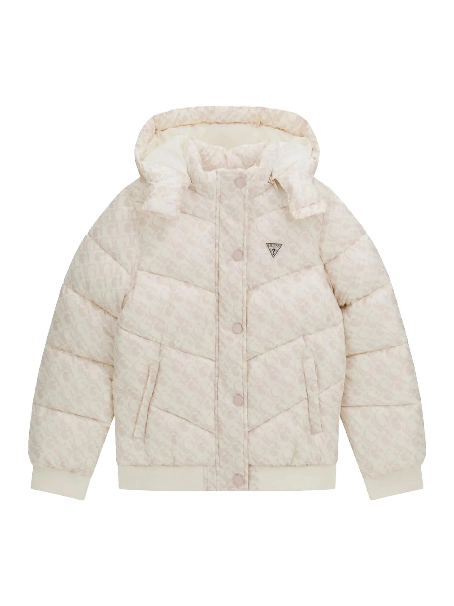 Piumino zip con cappuccio fantasia logo crema