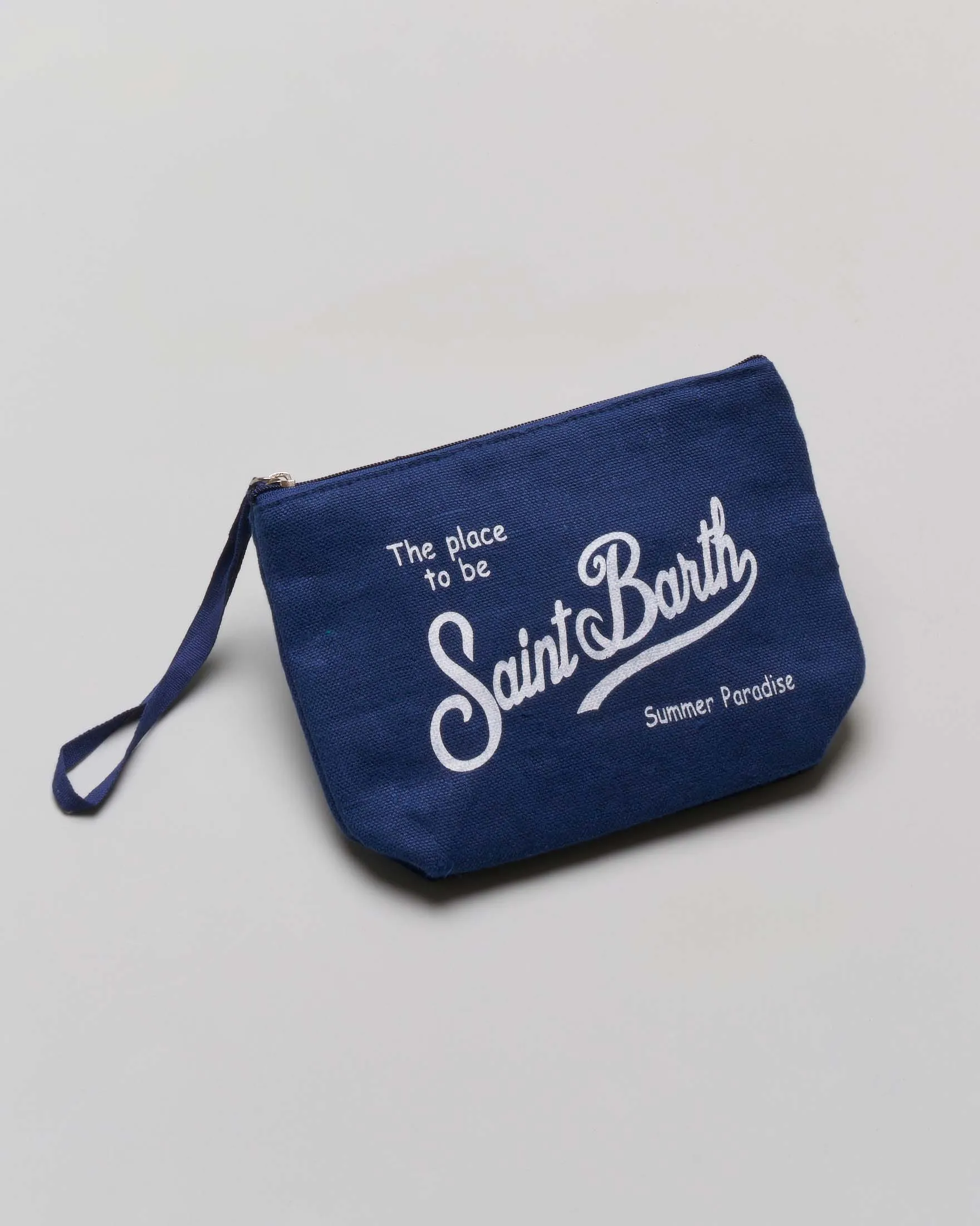 Pochette Aline blu in lino con scritta logo bianca stampata