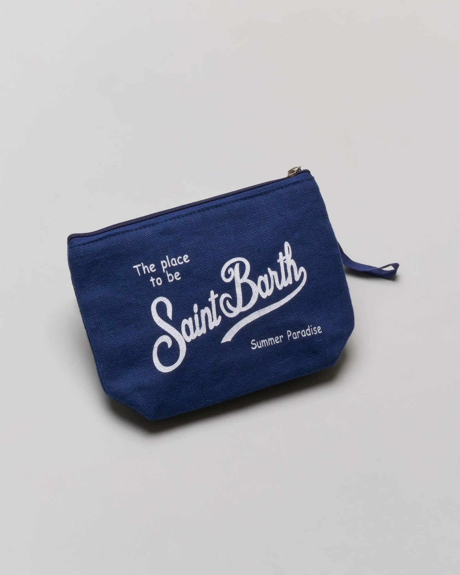 Pochette Aline blu in lino con scritta logo bianca stampata