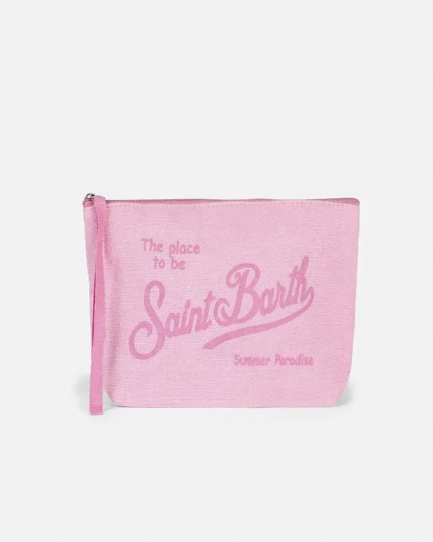 Pochette Aline rosa in lino con scritta logo fucsia stampata