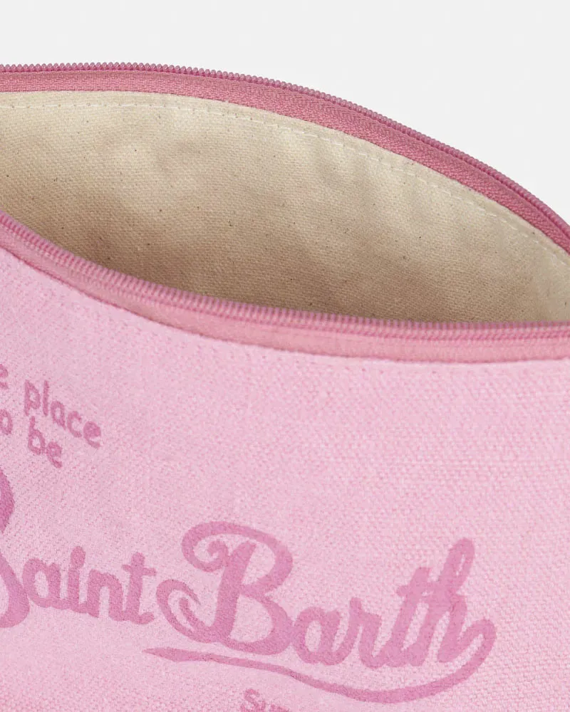Pochette Aline rosa in lino con scritta logo fucsia stampata