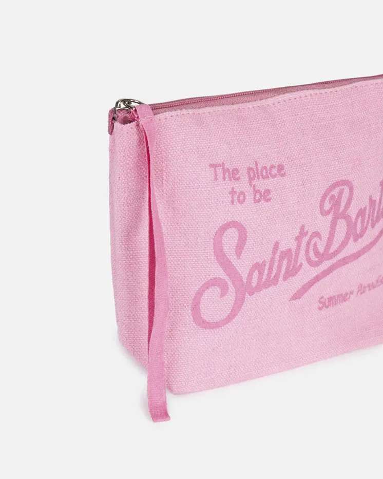 Pochette Aline rosa in lino con scritta logo fucsia stampata