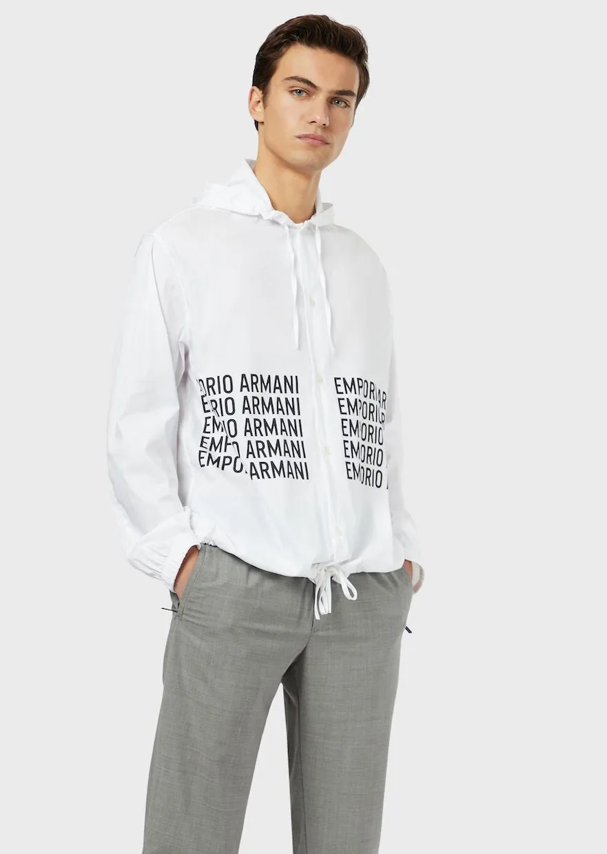 Poplin blouse with logo print and hood / White