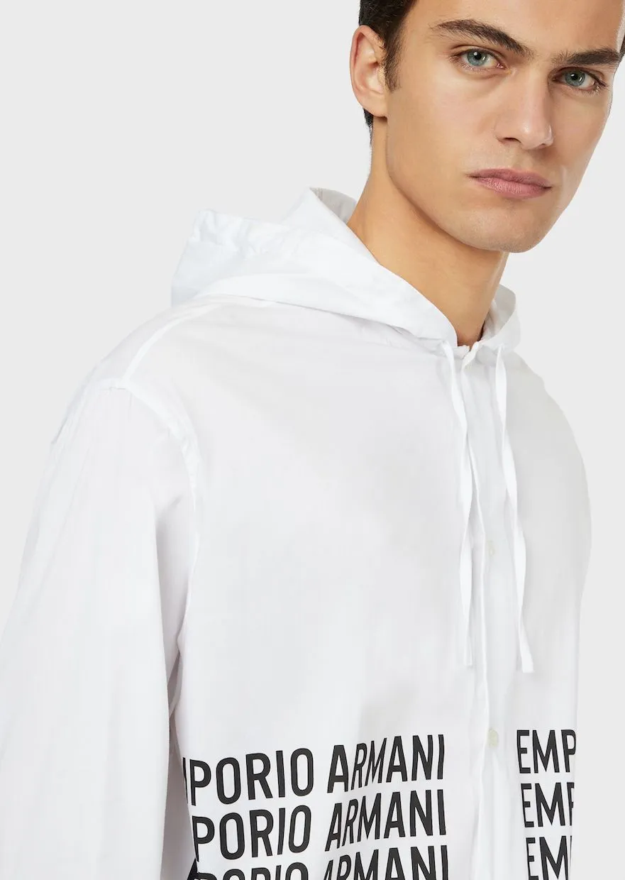 Poplin blouse with logo print and hood / White