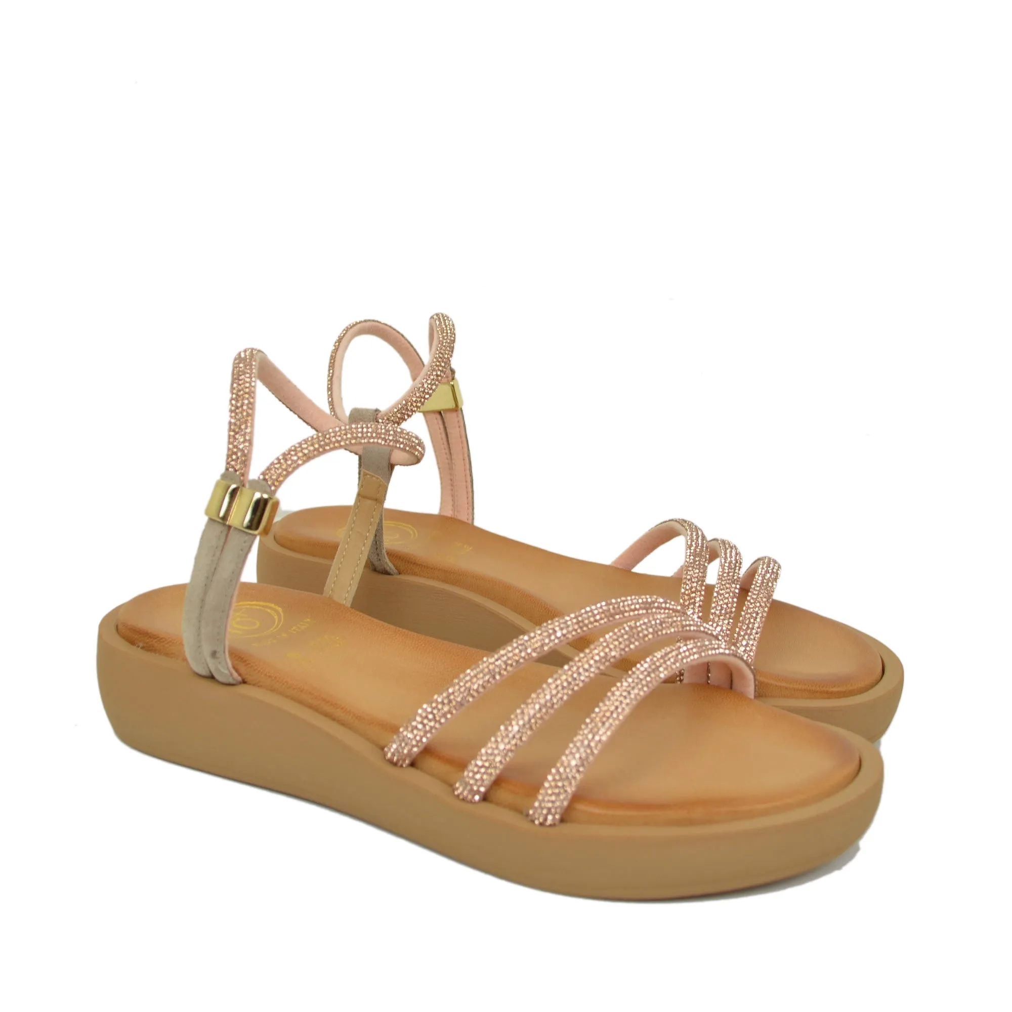 Sandali Donna Platform Cipria in Pelle con Strass Made in Italy