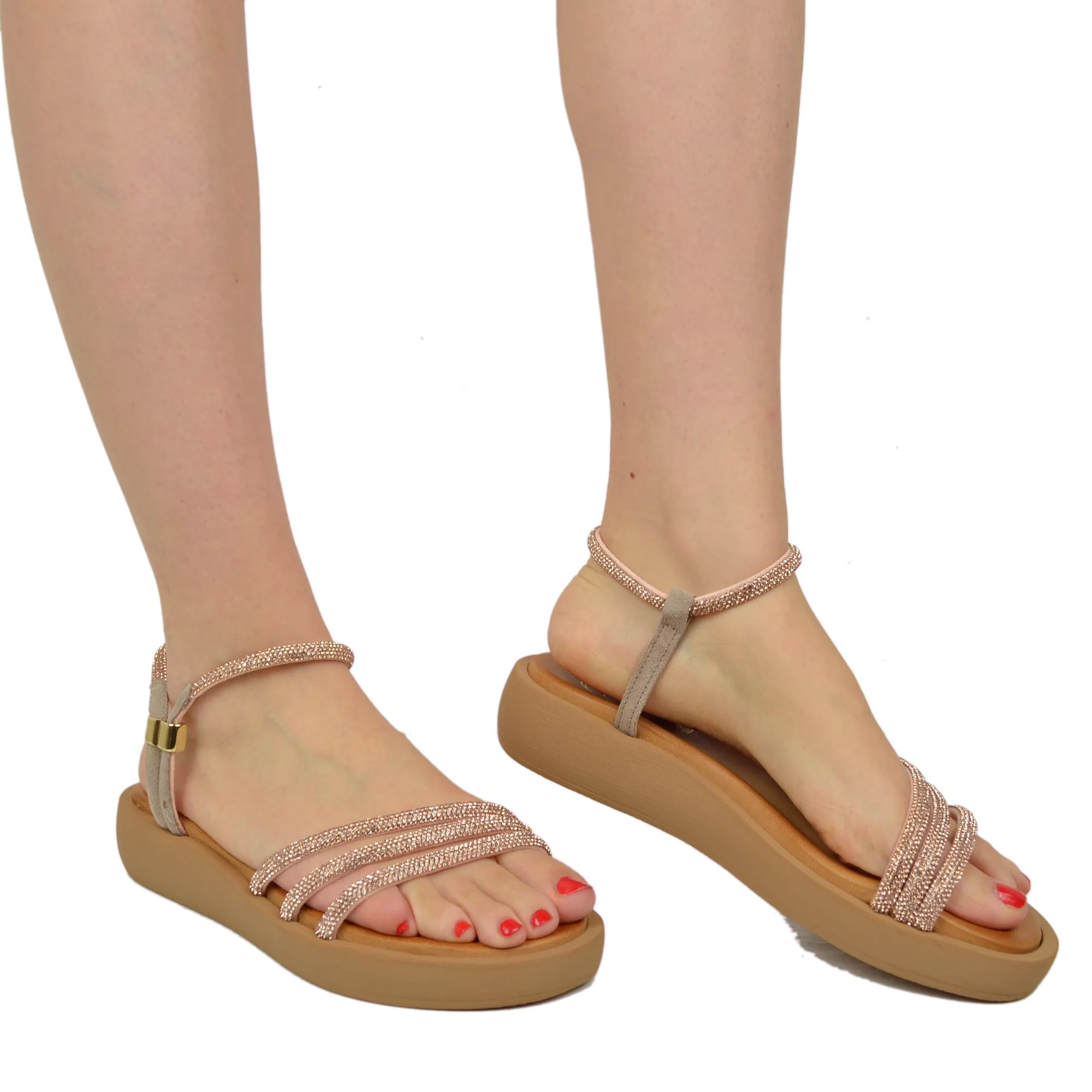 Sandali Donna Platform Cipria in Pelle con Strass Made in Italy