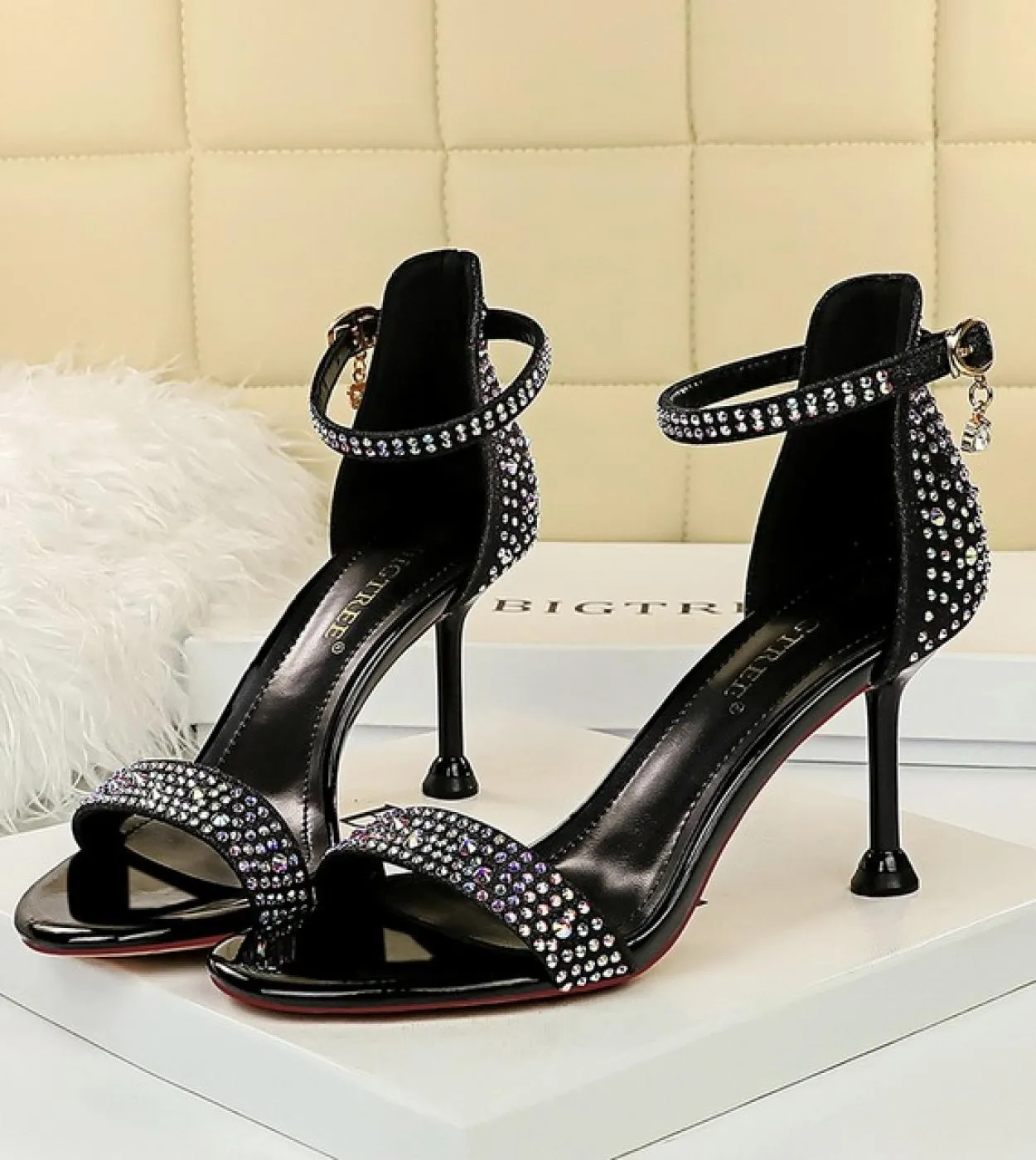 Sandali estivi da donna 8,5 cm Tacchi alti Gladiatore di cristallo glitterato Tacchi medi Sandali con cinturino alla caviglia La