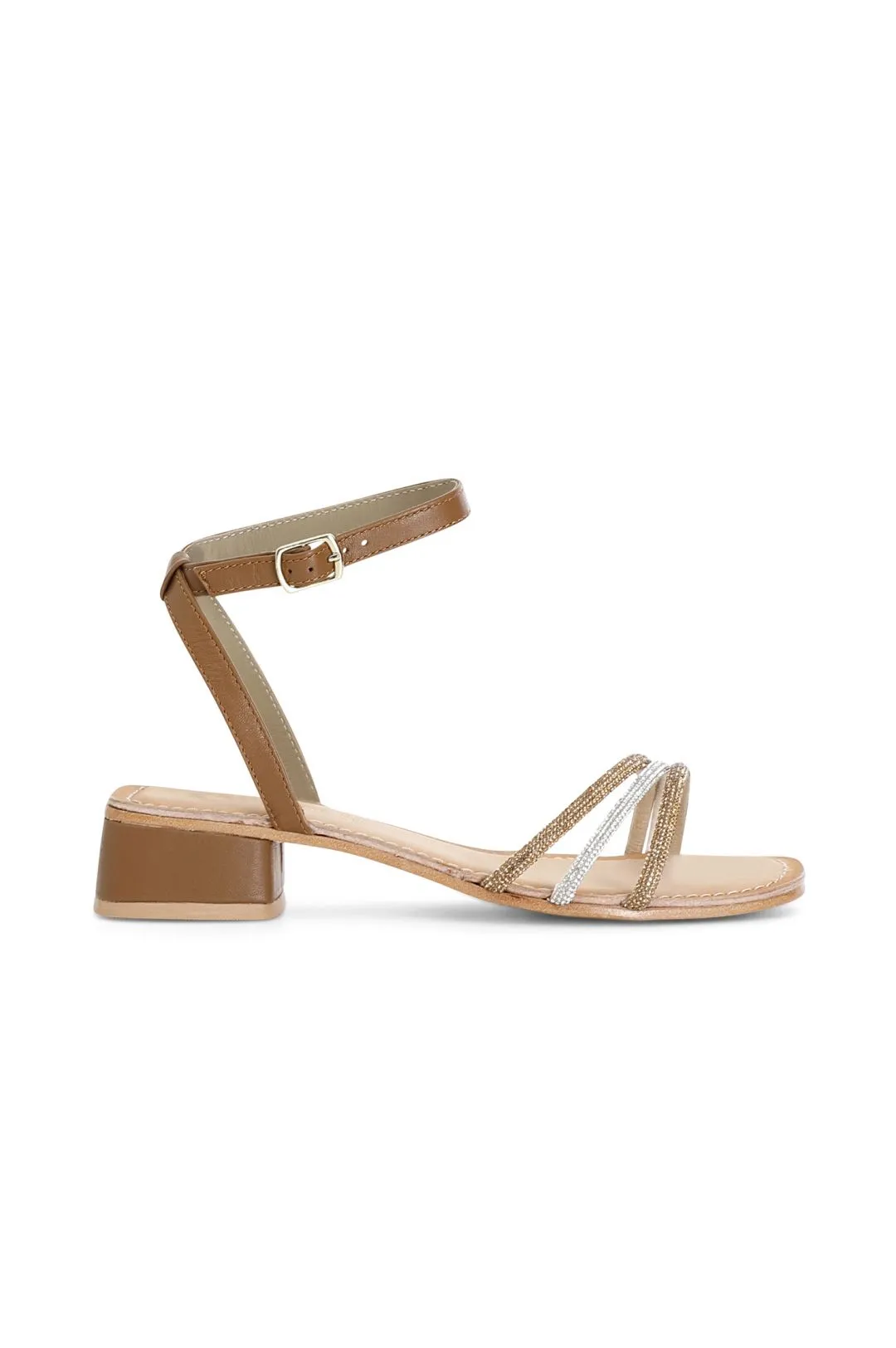 sandali in pelle con strass mignon cuoio