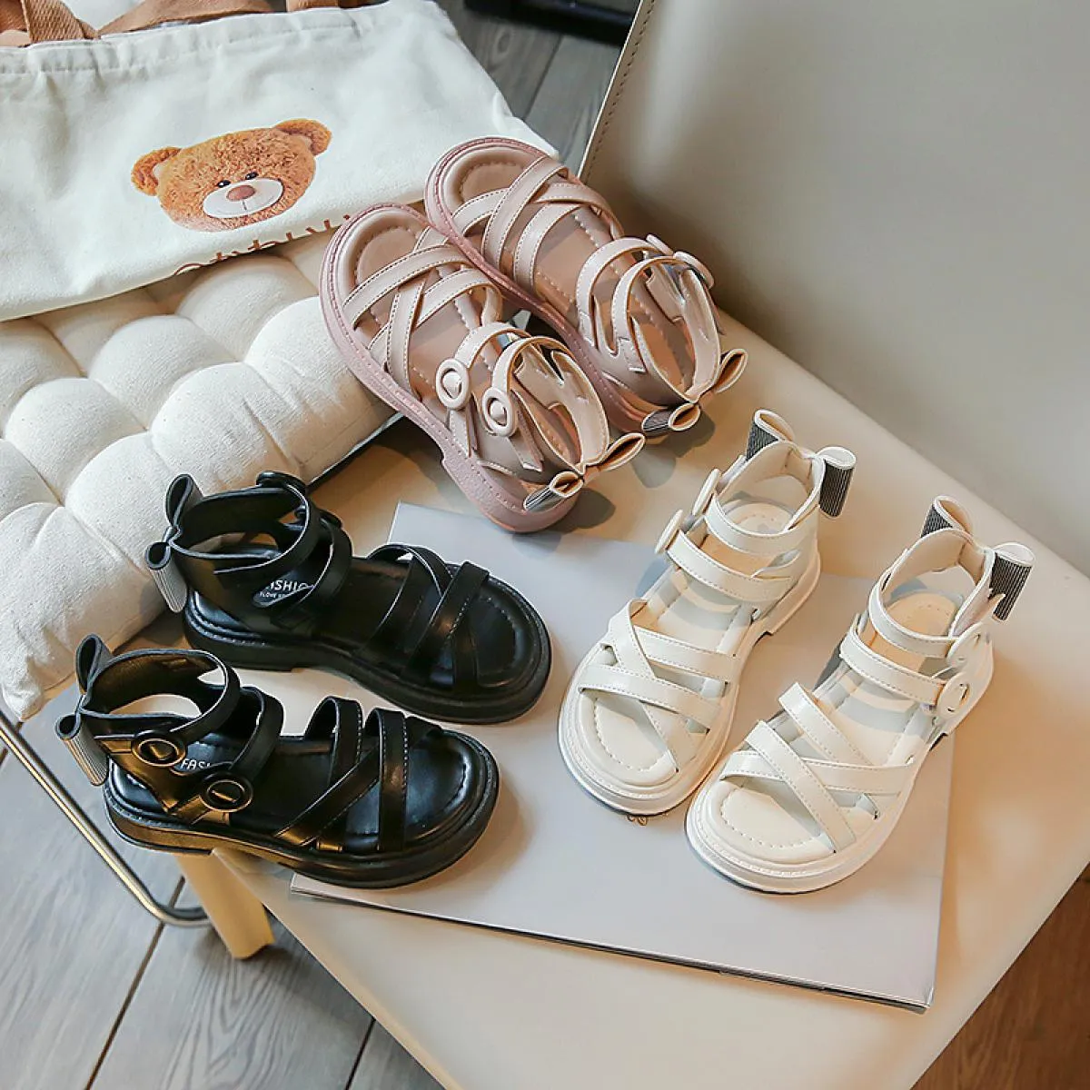 Sandali romani per bambini per ragazze Classico versatile colore puro punta aperta casual antiscivolo scarpe da gladiatore princ