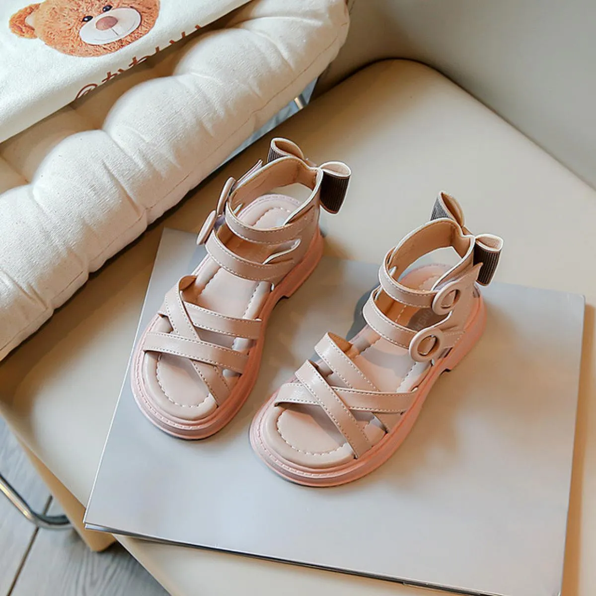 Sandali romani per bambini per ragazze Classico versatile colore puro punta aperta casual antiscivolo scarpe da gladiatore princ