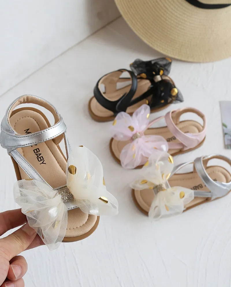 Scarpe da principessa con fiocco in rete per ragazze Sandali in velcro con suola morbida