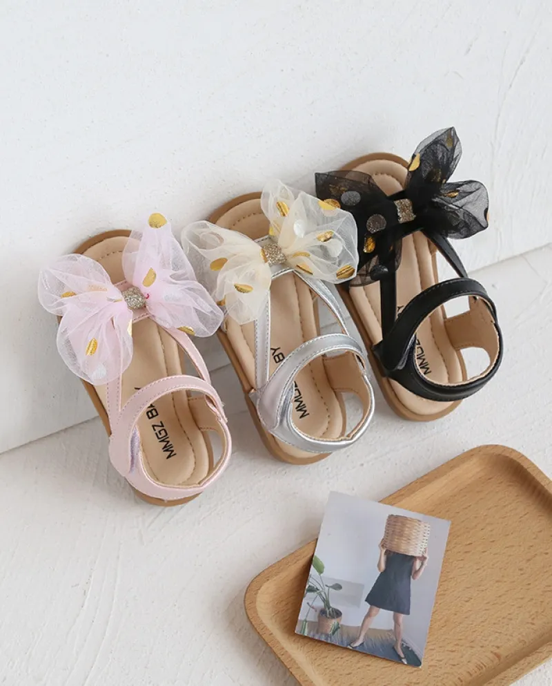 Scarpe da principessa con fiocco in rete per ragazze Sandali in velcro con suola morbida