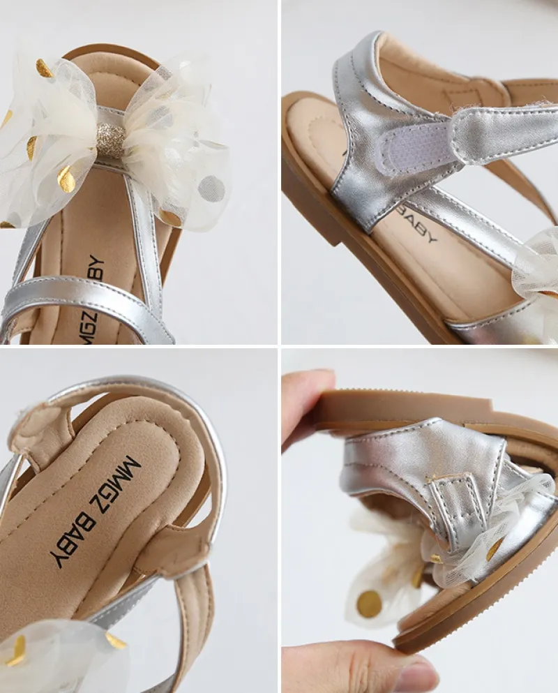 Scarpe da principessa con fiocco in rete per ragazze Sandali in velcro con suola morbida