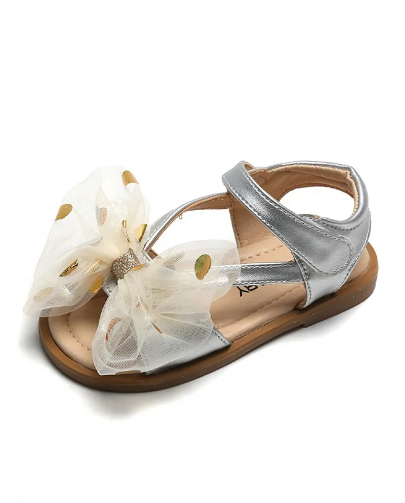 Scarpe da principessa con fiocco in rete per ragazze Sandali in velcro con suola morbida