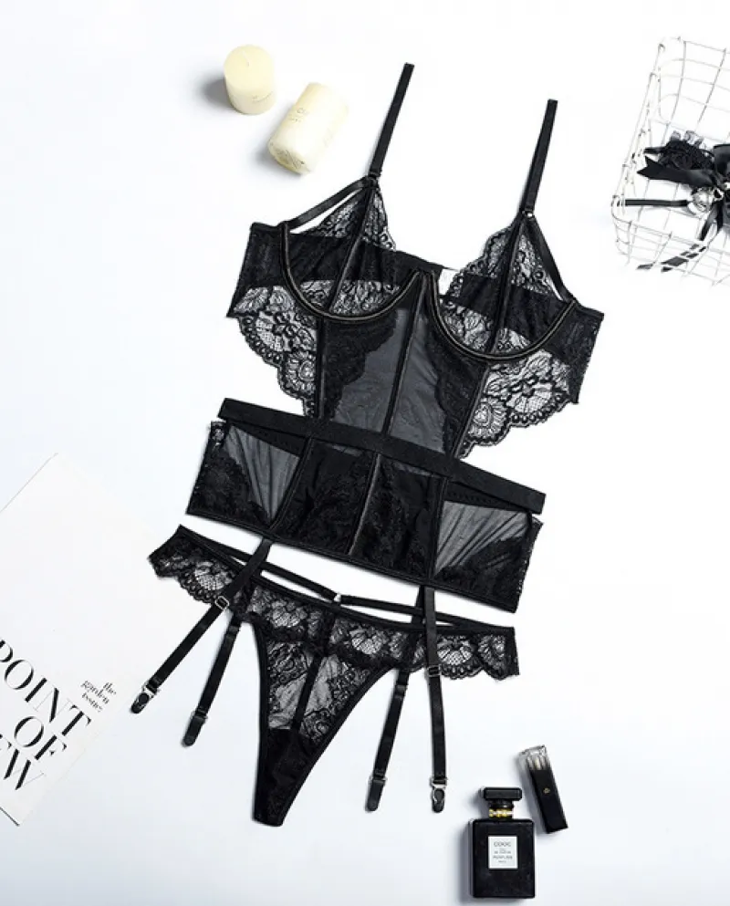 Set di reggiseno in pizzo da 2 pezzi Set di reggiseno con fasciatura floreale da donna Set di biancheria intima nera con ferrett
