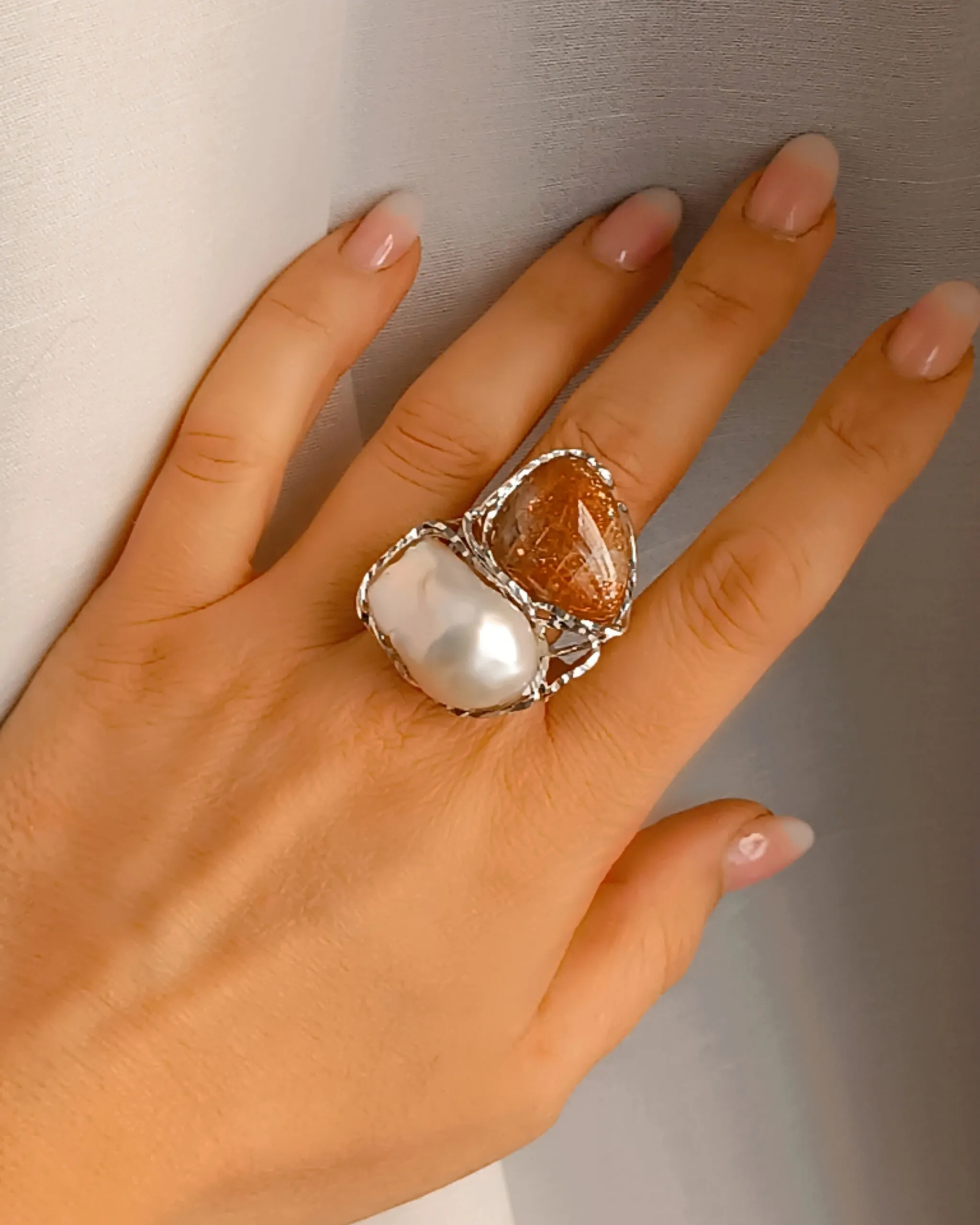 Statement Ring with Baroque Pearl and Sun Stone