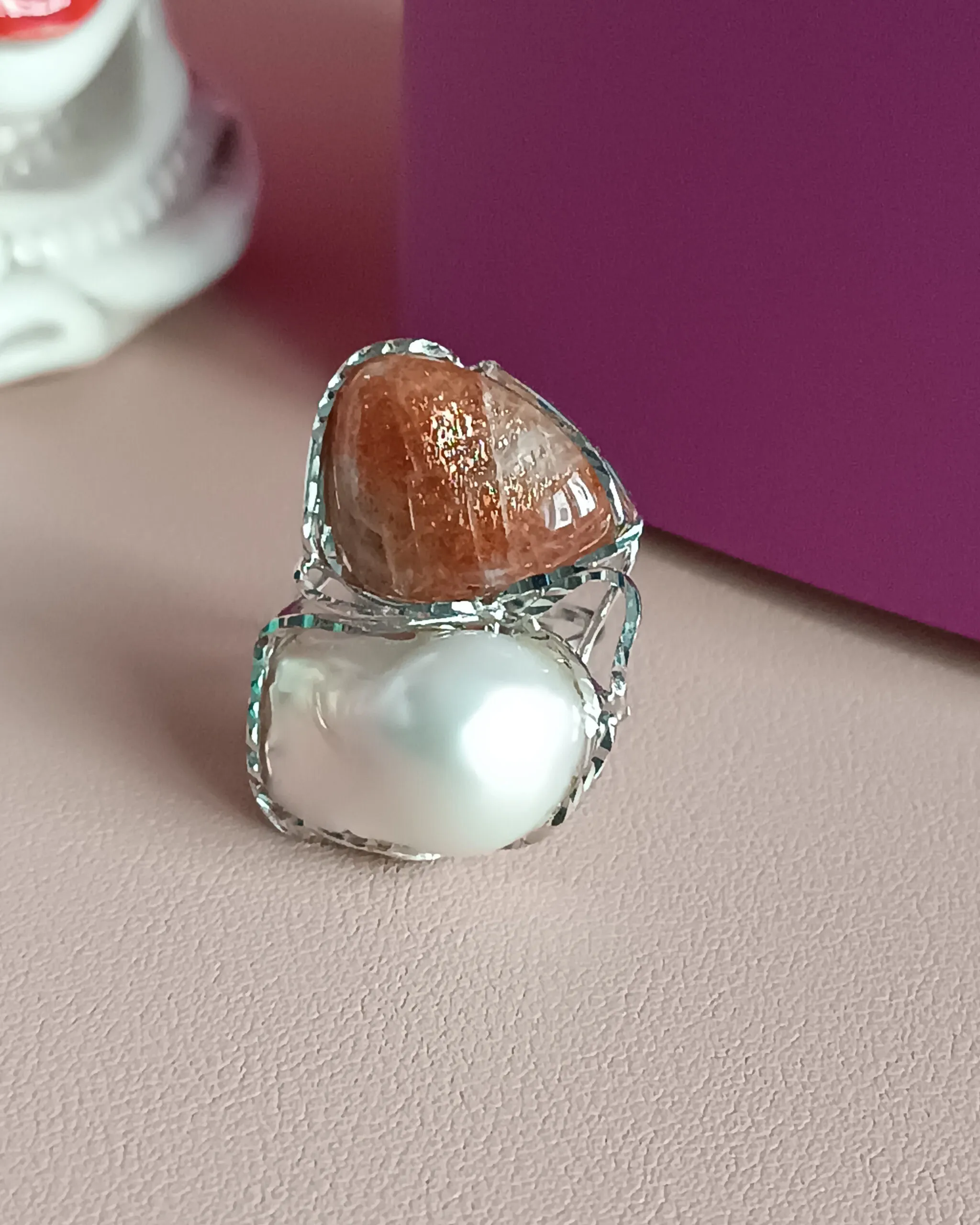 Statement Ring with Baroque Pearl and Sun Stone