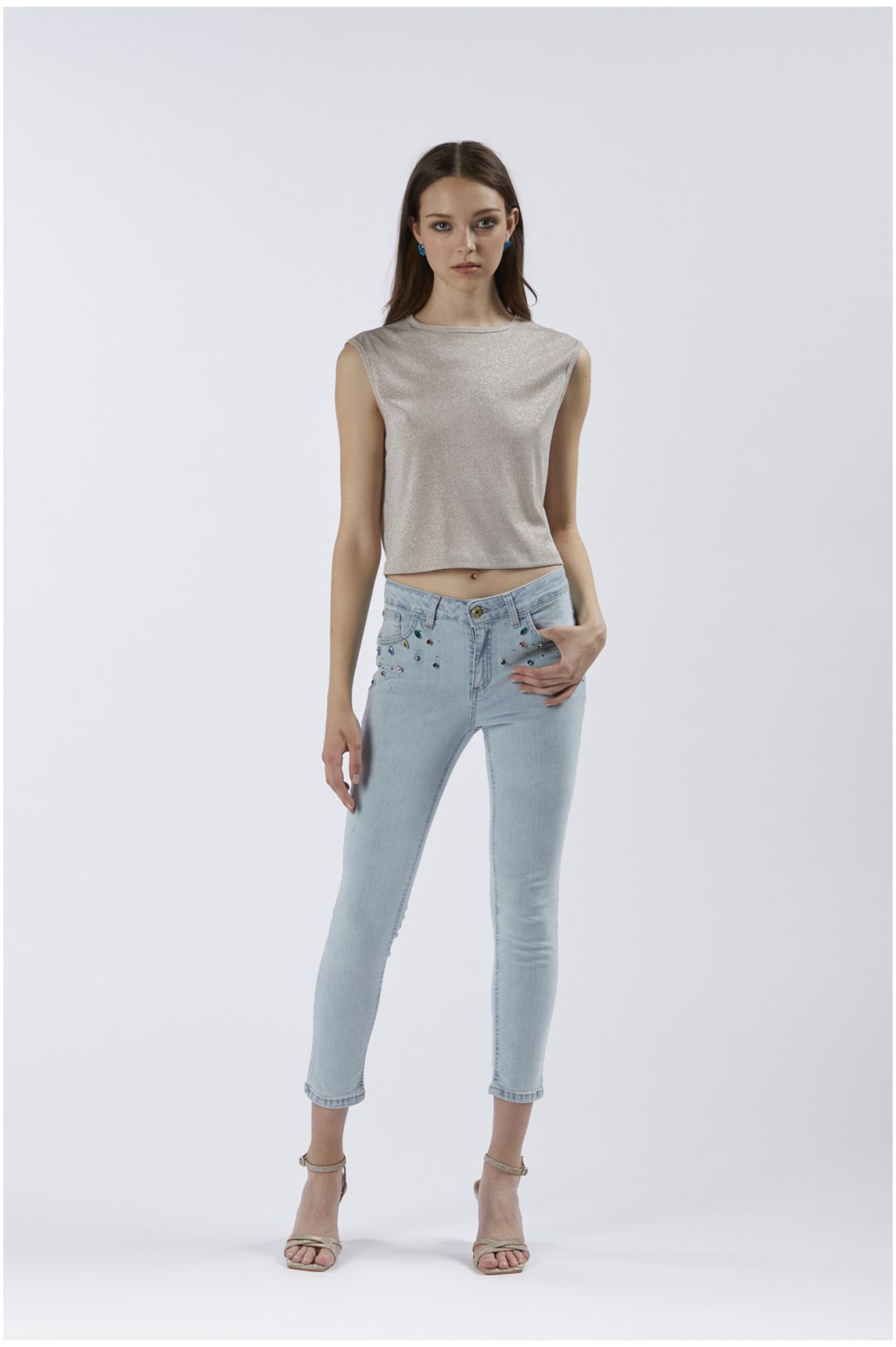 top corto smanicato in jersey con lurex light gold