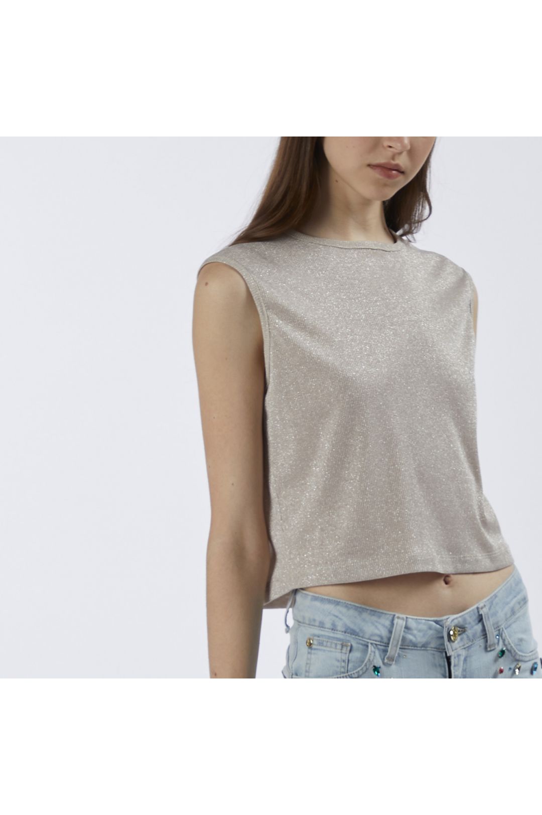 top corto smanicato in jersey con lurex light gold