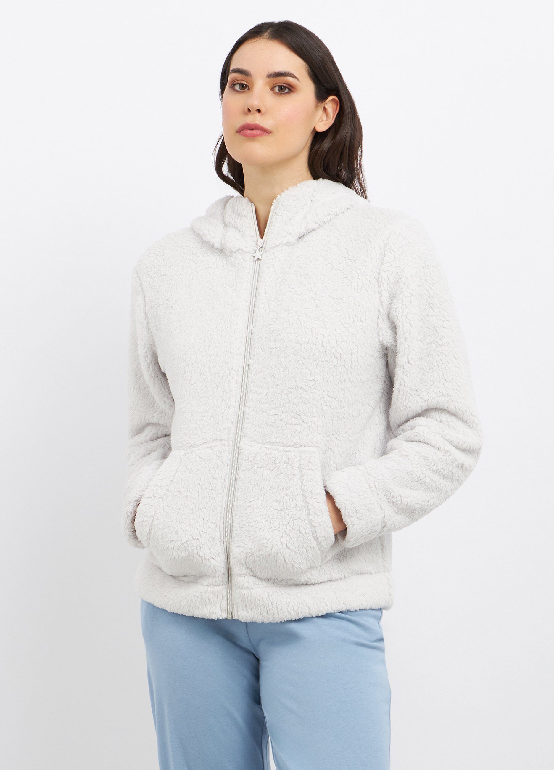 Top pigiama in fake fur con cappuccio donna