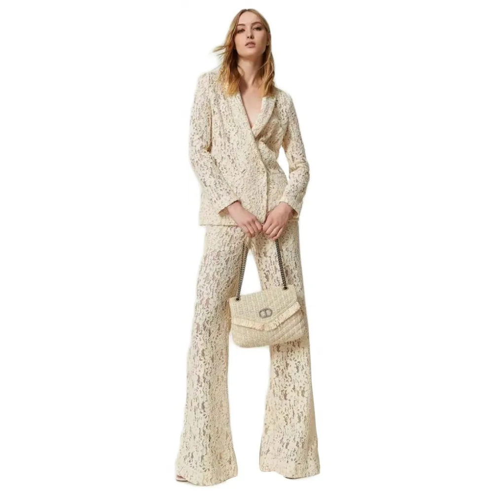 Twinset - Pantalone in Pizzo Macramè - Panna - Pantaloni - Made in Italy - Luxury Exclusive Collection