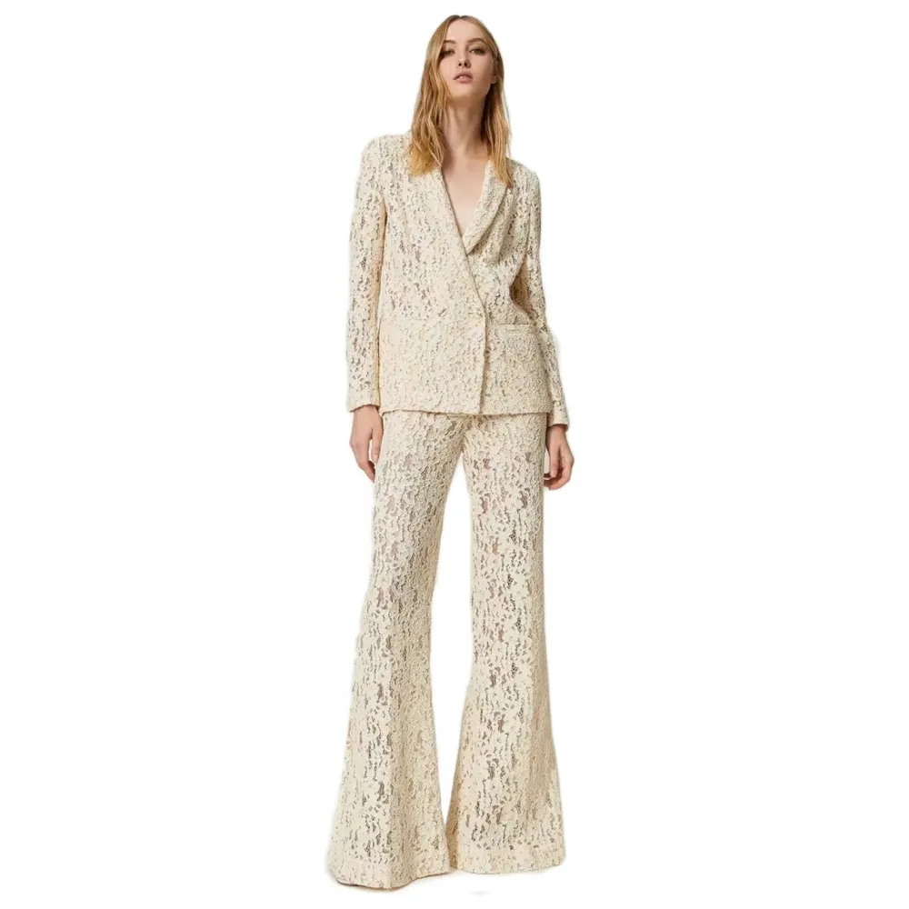 Twinset - Pantalone in Pizzo Macramè - Panna - Pantaloni - Made in Italy - Luxury Exclusive Collection
