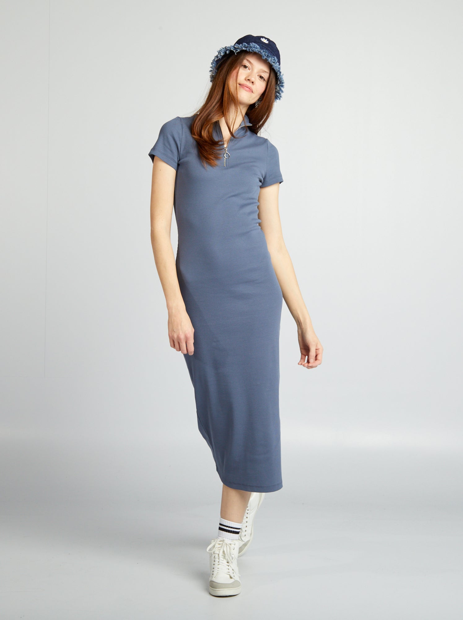 Vestito midi in maglia a coste - BLU
