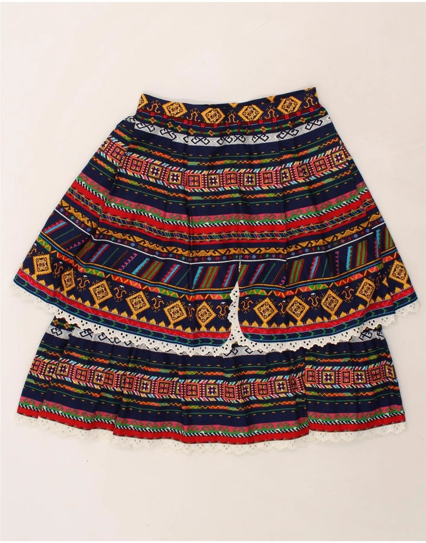 VINTAGE Womens Tiered Skirt W28 Medium Navy Blue Striped Cotton