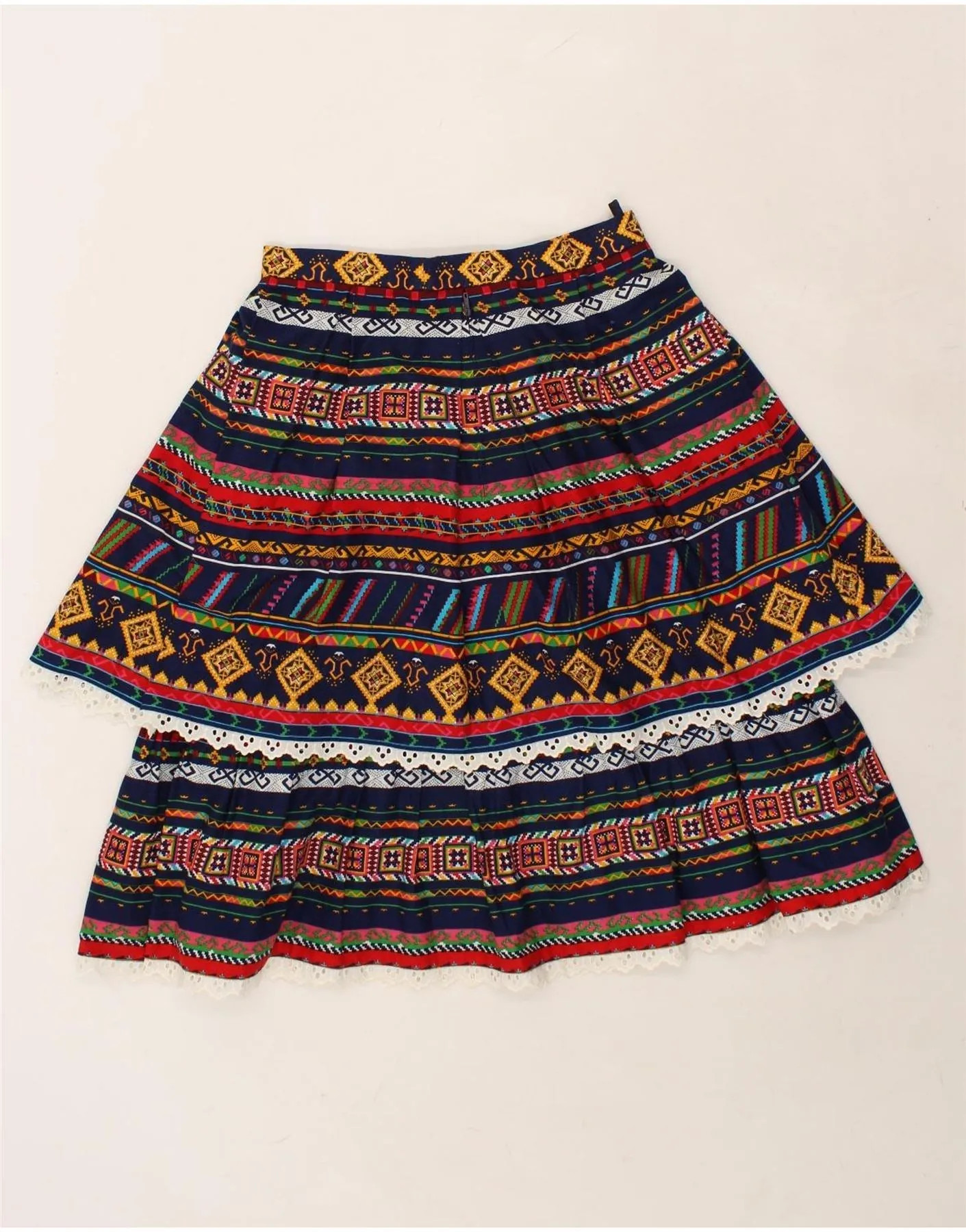 VINTAGE Womens Tiered Skirt W28 Medium Navy Blue Striped Cotton
