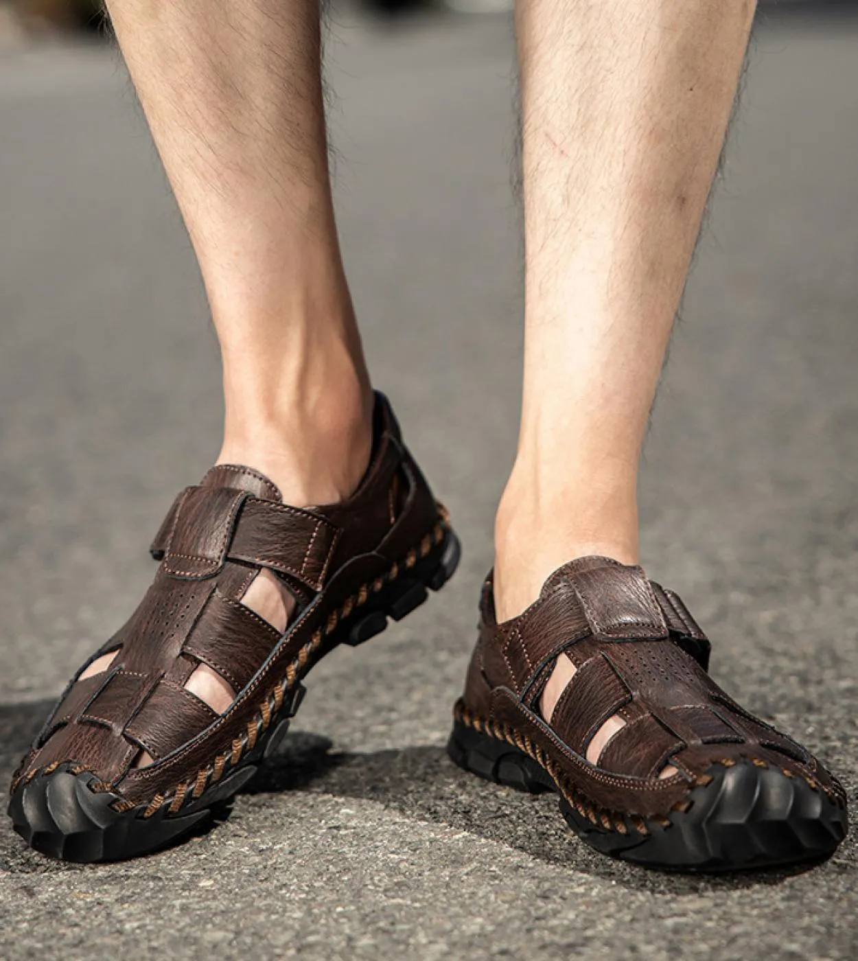 Vryheid Sandali da uomo in vera pelle Traforato Scarpe da pescatore traspiranti Stile Gladiatore retrò Estate Allaperto Spiaggi