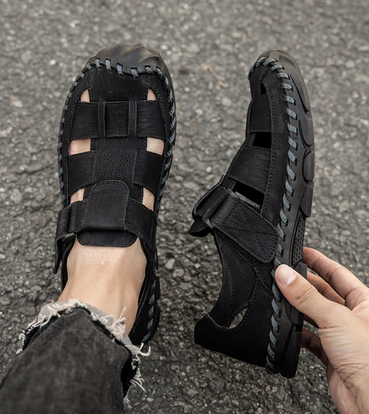 Vryheid Sandali da uomo in vera pelle Traforato Scarpe da pescatore traspiranti Stile Gladiatore retrò Estate Allaperto Spiaggi